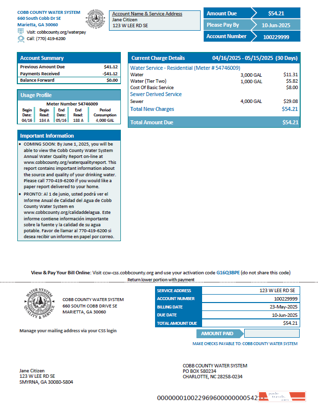 USA Cobb County Water System utility bill template in Word and PDF formats, version 2